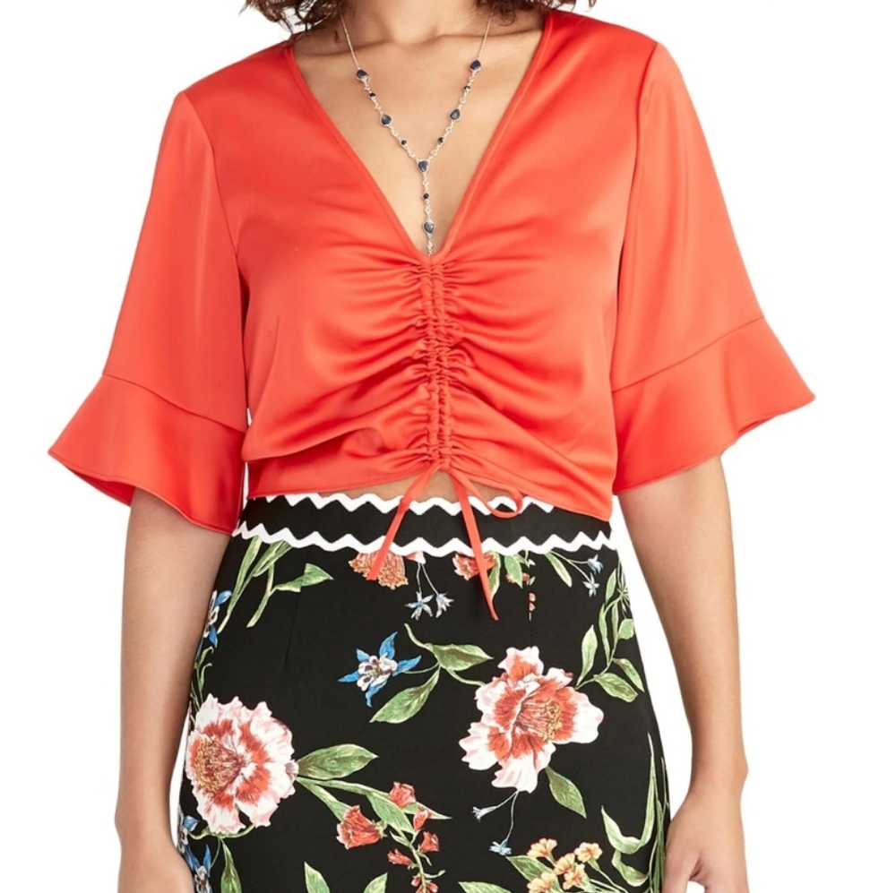 🆕 RACHEL ROY red orange ruched bell sleeve top size xl